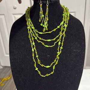 Green beaded 5 multi strand necklace with dangle earrings set jewelry